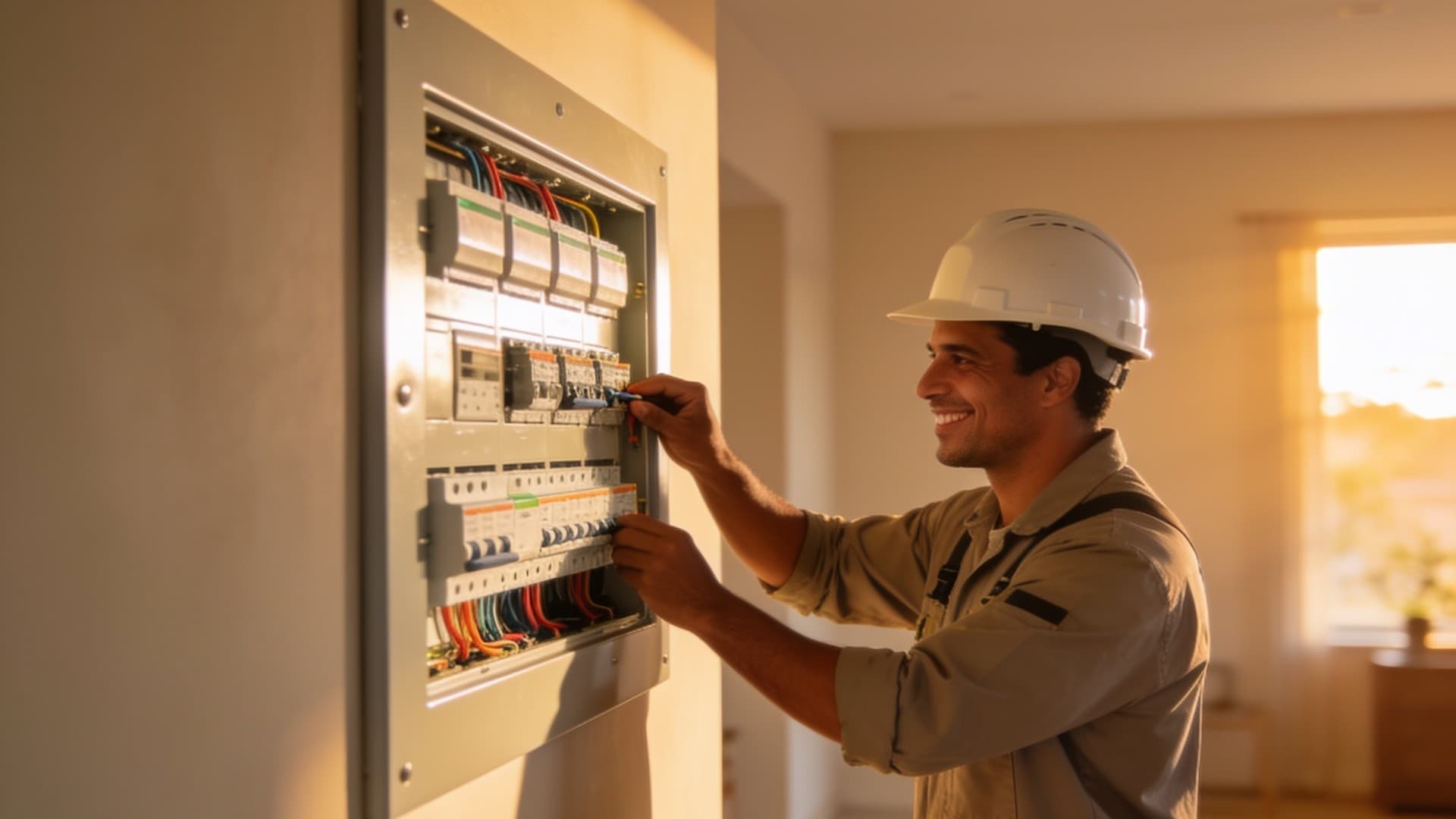 Eletricista sorrindo enquanto ajusta um quadro de disjuntores