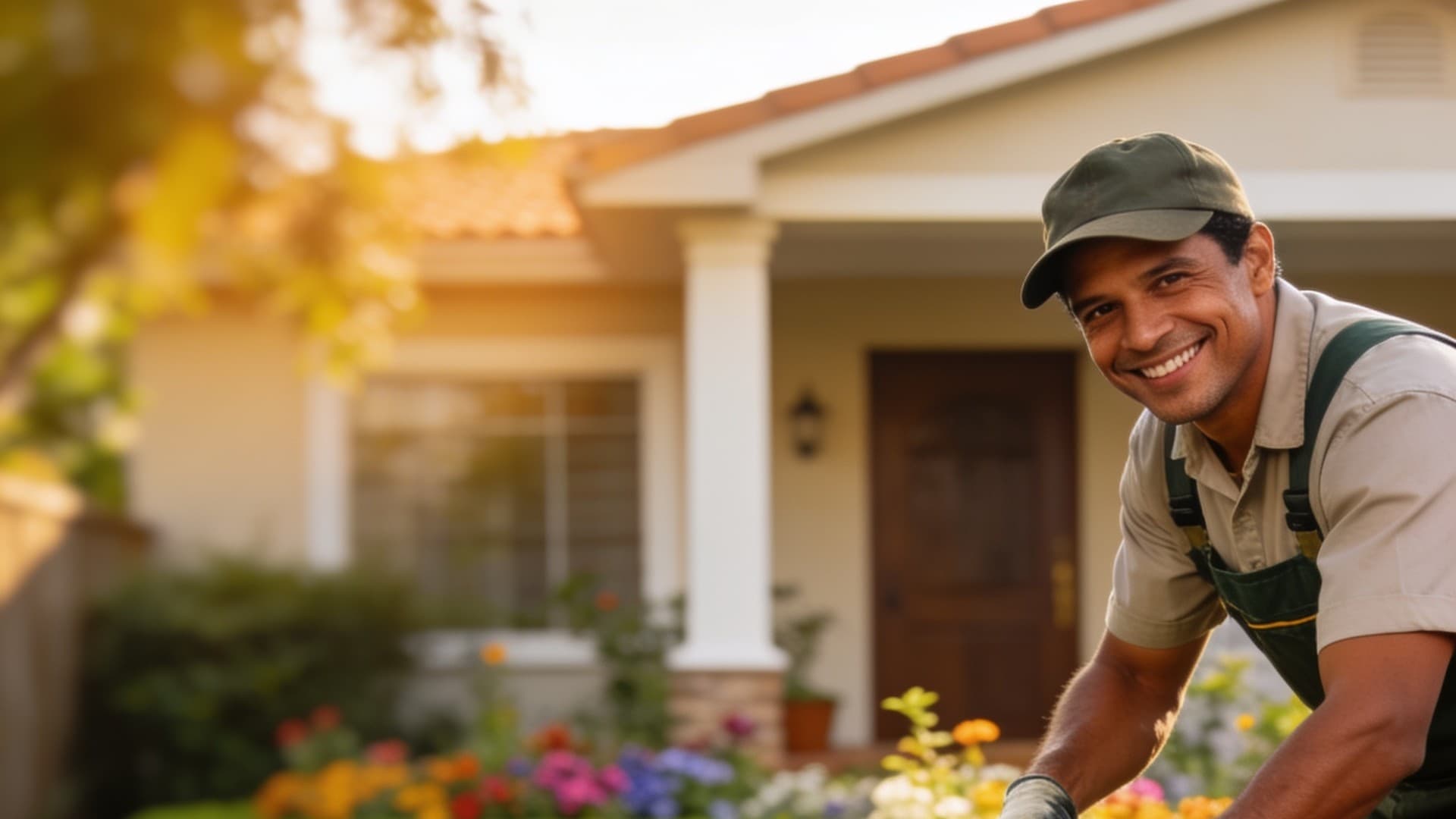 Jardineiro sorrindo em um jardim residencial florido