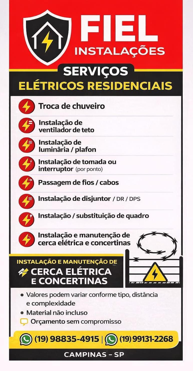 Eletricista residencial, cerca elétrica e concertina.